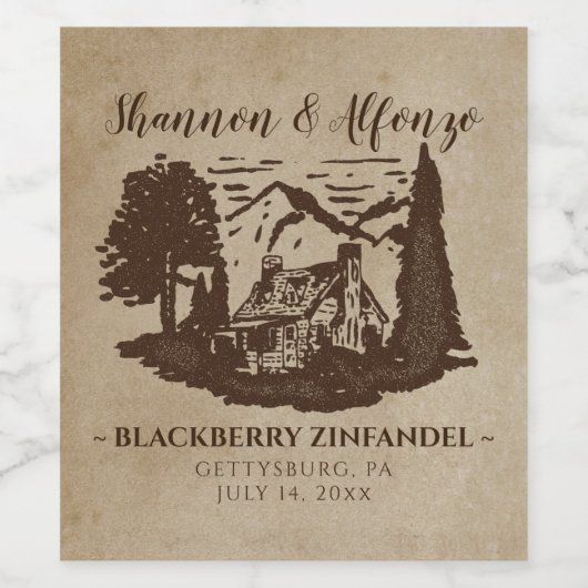 Log Cabin Rustieke Bruiloft Wijnfles Wijn Etiket (Enkel label)