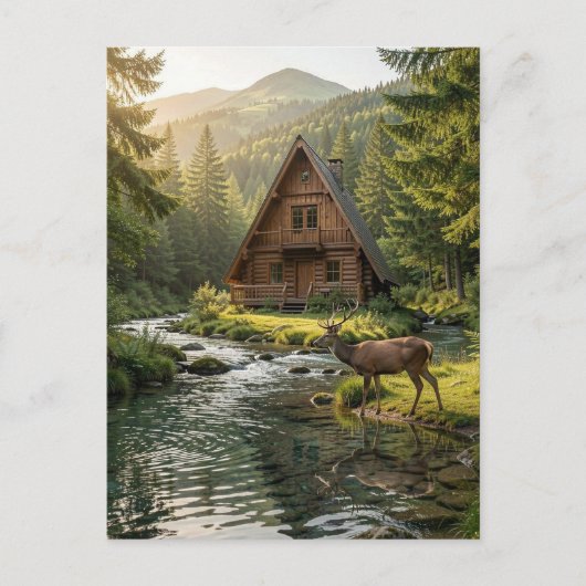 Log Cabin, Stream and Deer, Father's Day Briefkaart (Voorkant)