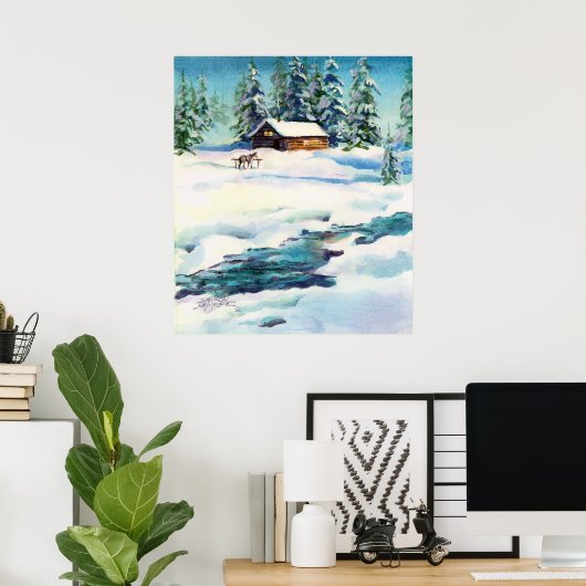 LOG CABIN & STREAM - Canvas afdrukken Poster (Thuiskantoor)