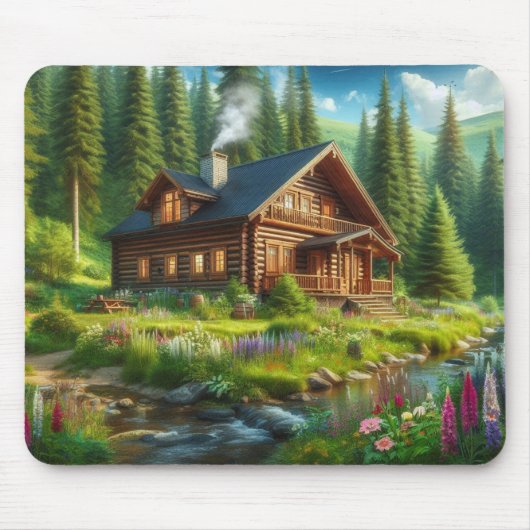 Log Cabin, Stream en Flowers in de Bossen Muismat (Voorkant)