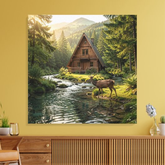 Log Cabin, Stream, Mountains and Deer Nature Art Canvas Afdruk (Insitu (Woonkamer))