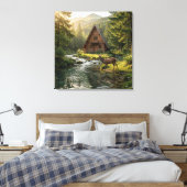 Log Cabin, Stream, Mountains and Deer Nature Art Canvas Afdruk (Insitu (Slaapkamer))