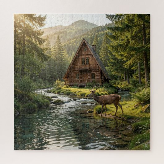 Log Cabin, Stream, Mountains and Deer Nature Art Legpuzzel (Verticaal)