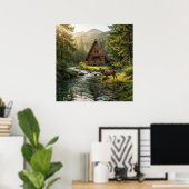Log Cabin, Stream, Mountains and Deer Nature Art Poster (Thuiskantoor)