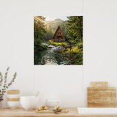 Log Cabin, Stream, Mountains and Deer Nature Art Poster (Keuken)
