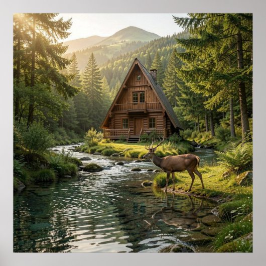 Log Cabin, Stream, Mountains and Deer Nature Art Poster (Voorkant)