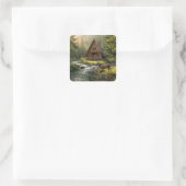 Log Cabin, Stream, Mountains and Deer Nature Art Vierkante Sticker (Tas)