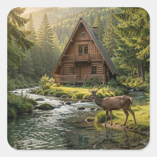 Log Cabin, Stream, Mountains and Deer Nature Art Vierkante Sticker (Voorkant)