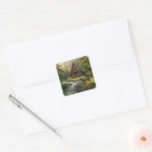 Log Cabin, Stream, Mountains and Deer Nature Art Vierkante Sticker (Envelop)