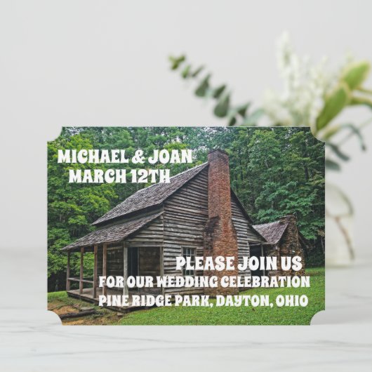 LOG CABIN WEDDING INVITATIONS PERSONALISEERD KAART (Staand voorkant)