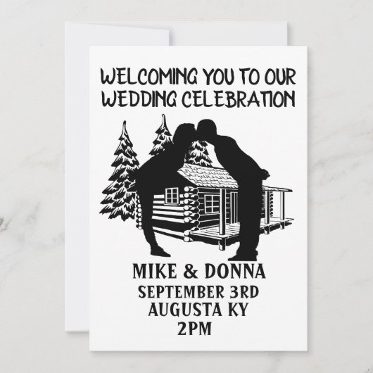 LOG CABIN WEDDING KISSING COUPLE INVITATIONS KAART (Voorkant)