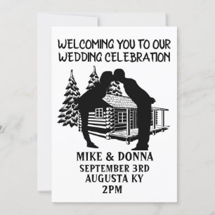 LOG CABIN WEDDING KISSING COUPLE INVITATIONS KAART