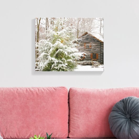 Log Cabin Winter Canvas Afdruk (Insitu (Woonkamer))