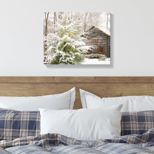 Log Cabin Winter Canvas Afdruk (Insitu (Slaapkamer))