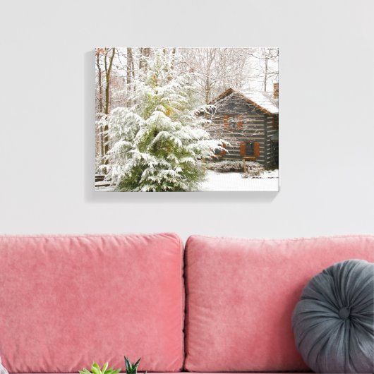 Log Cabin Winter Canvas Afdruk (Insitu (Woonkamer))