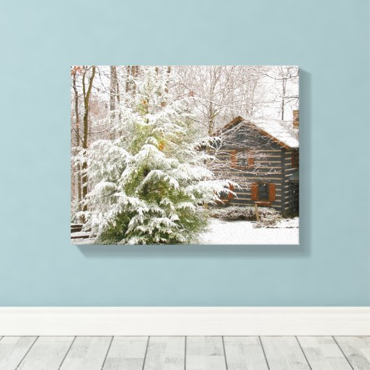 Log Cabin Winter Canvas Afdruk (Insitu (Houten vloer))