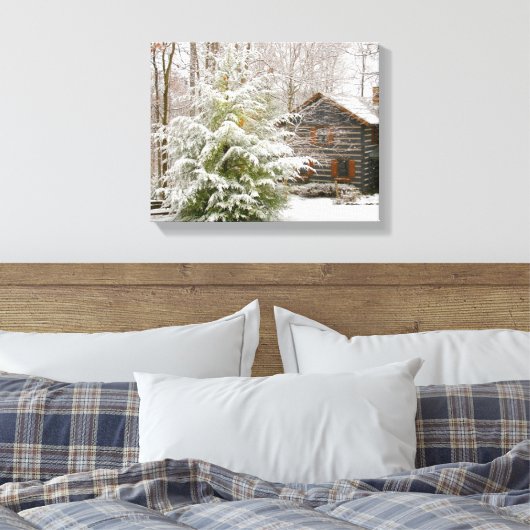 Log Cabin Winter Canvas Afdruk (Insitu (Slaapkamer))