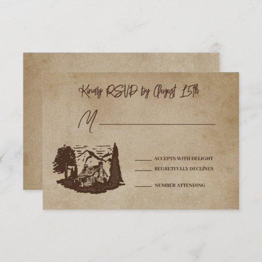 Log Home Cabin Wedding RSVP Response Kaart (Voorkant / Achterkant)