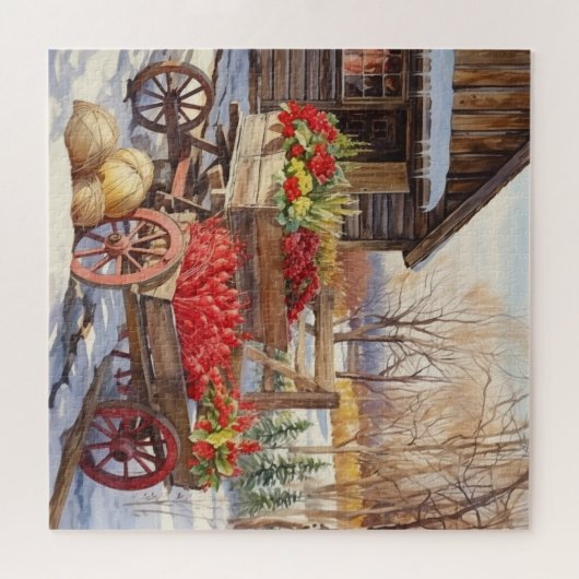 Log Home Kerstmis groentestand Legpuzzel (Horizontaal)