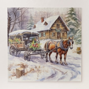  Log Home Met Paard en Overdekte Wagon Legpuzzel