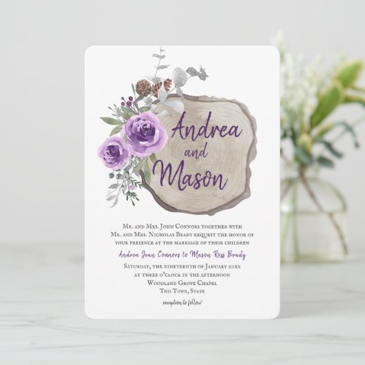 Log Slice Paarse Roos en Eucalyptus bruiloft Kaart (Staand voorkant)