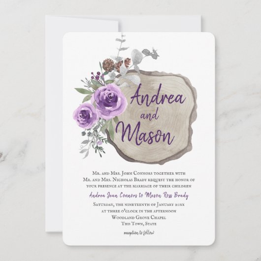 Log Slice Paarse Roos en Eucalyptus bruiloft Kaart (Voorkant)