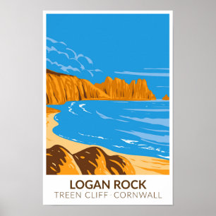 Logan Rock Op Treen Cliff In Cornwall Vintage Poster