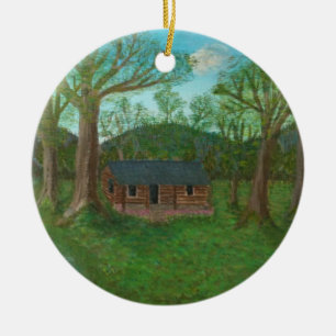 Logcabine en bomen keramisch ornament