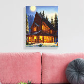 Logcabine in bossen sneeuwlandschapskunst canvas afdruk (Insitu (Woonkamer))