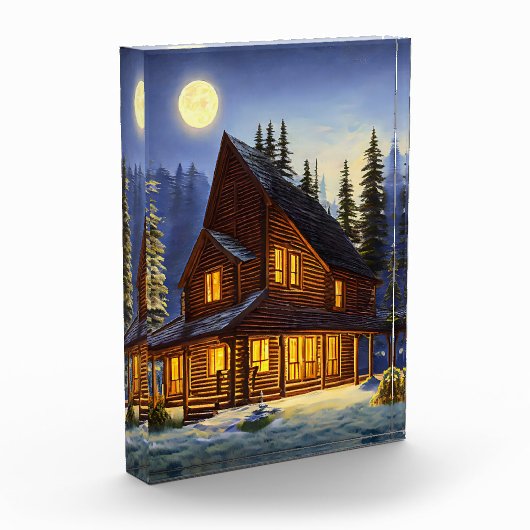 Logcabine in bossen sneeuwlandschapskunst fotoblokken (Links)