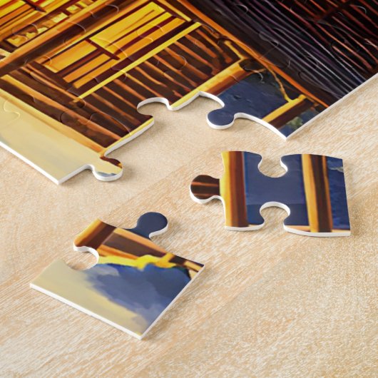 Logcabine in bossen sneeuwlandschapskunst legpuzzel (Zijkant)