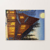 Logcabine in bossen sneeuwlandschapskunst legpuzzel (Horizontaal)