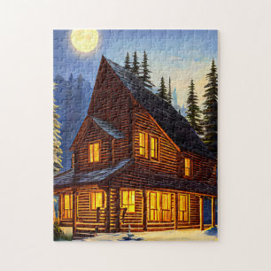 Logcabine in bossen sneeuwlandschapskunst legpuzzel