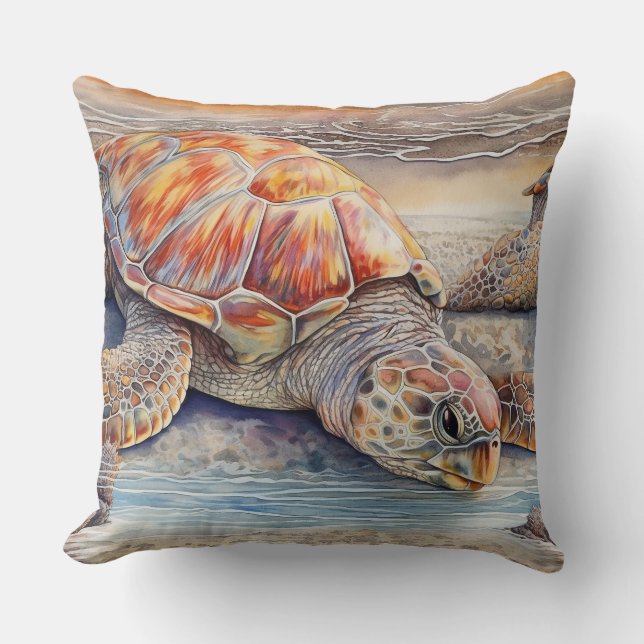 Loggerhead Zee Turtle Relaxing on a Beach Kussen (Voorkant)