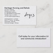 Logo Afbeelding, Heritage Nursing and Rehab, 800 . Visitekaartje (Voorkant / Achterkant)