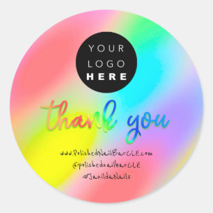 Logo Bedrijfsnaam Dank u Holograph Nail Rainbow Ronde Sticker
