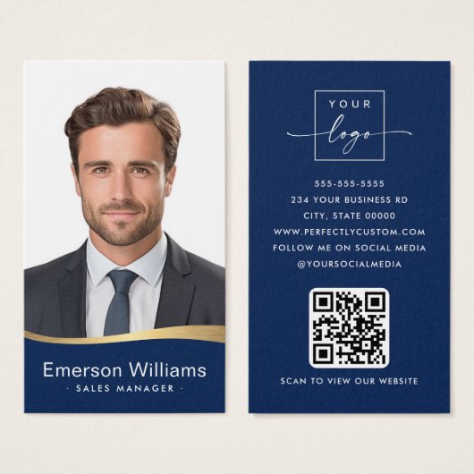 Logo blauw faux gouden golf Foto logo QR code Visitekaartje (Voorkant /achterkant)