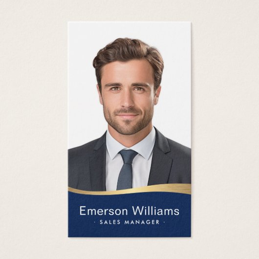 Logo blauw faux gouden golf Foto logo QR code Visitekaartje (Voorkant)