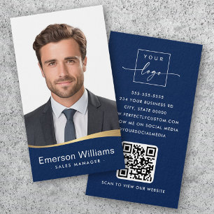 Logo blauw faux gouden golf Foto logo QR code Visitekaartje