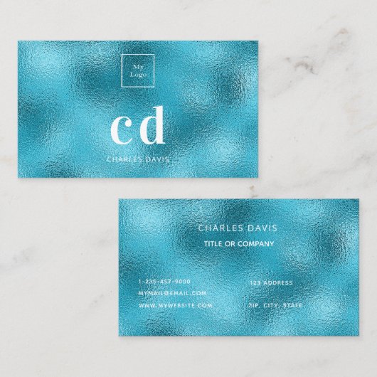 Logo blauw zee metallisch monogram visitekaartje (Voorkant / Achterkant)
