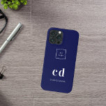 Logo - blauwe witte monogram - initiaal iPhone 16 hoesje<br><div class="desc">Blauwe achtergrond en witte tekst. Pas uw zaken,  bedrijf logo,  monogram initialen en naam aan en voeg deze toe.</div>