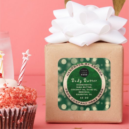 Logo Body Balm Butter Cosmetic Gold Confetti Gree Vierkante Sticker (Feest)