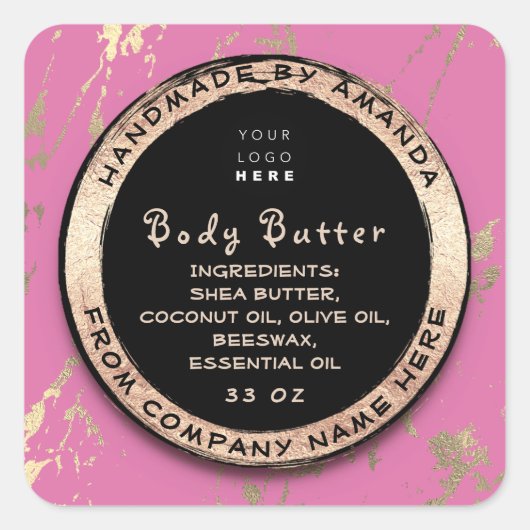 Logo Body Balm Butter Cosmetic Gold Lijst Roos Vierkante Sticker (Voorkant)