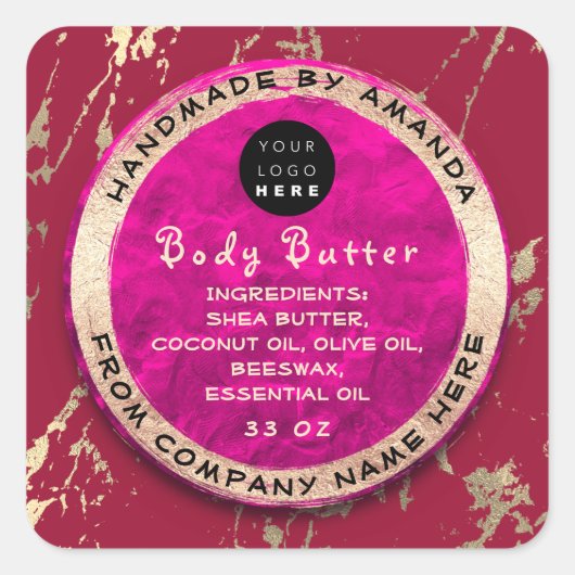 Logo Body Balm Butter Cosmetic Gold Ruby Pink Vierkante Sticker (Voorkant)