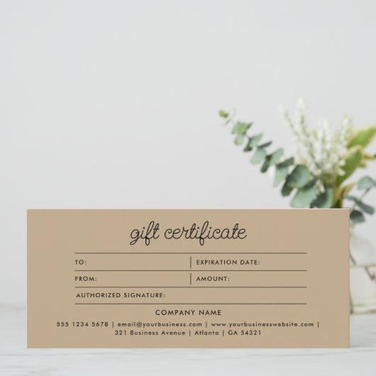 Logo Boho Beige Script Modern Gift Certificate (Staand voorkant)