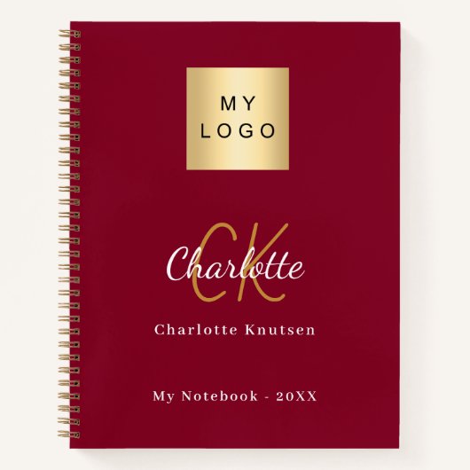 Logo bordeauxrood gouden monogram bedrijf notitieboek (Voorkant)