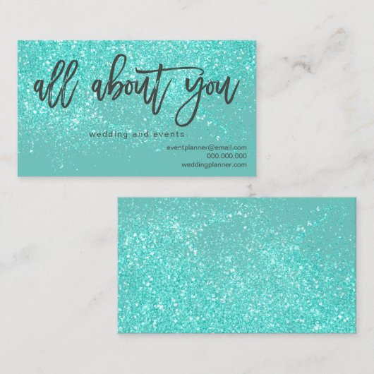 Logo brandend blauwgroen glitter confetti bruiloft visitekaartje (Voorkant / Achterkant)