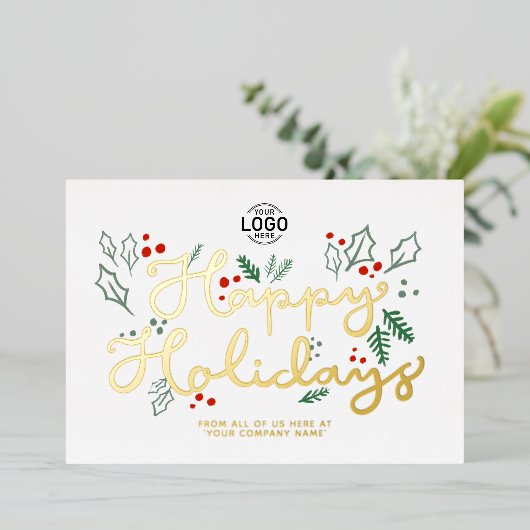 Logo Business Gold Lettering Prettige feestdagen W Folie Uitnodiging (Staand Voorkant)