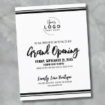 Logo Business Grand Opening Briefkaart<br><div class="desc">Een schone en eenvoudige witte uitnodiging met zwarte lettertypen en details, perfect voor een zakelijke grootse opening, merklancering of productfeest. Het ontwerp heeft een heldere witte achtergrond met aanpasbare zwarte tekst en ruimte om uw logo aan de bovenkant toe te voegen voor een professionele touch. Personaliseer de tekst eenvoudig, pas...</div>