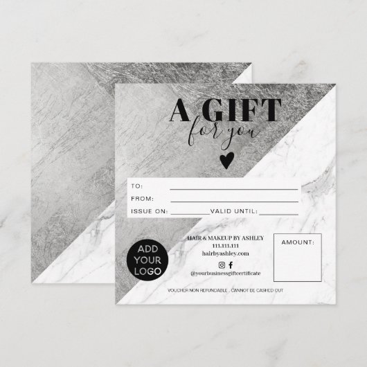 Logo certificaat met cadeaubon voor marmer Silver  (Voorkant / Achterkant)